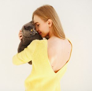 calin chat gris femme en jaune